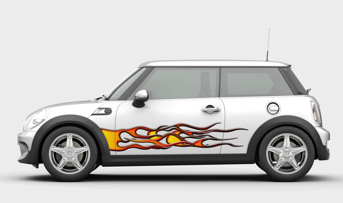 orange flames decal on white mini cooper car